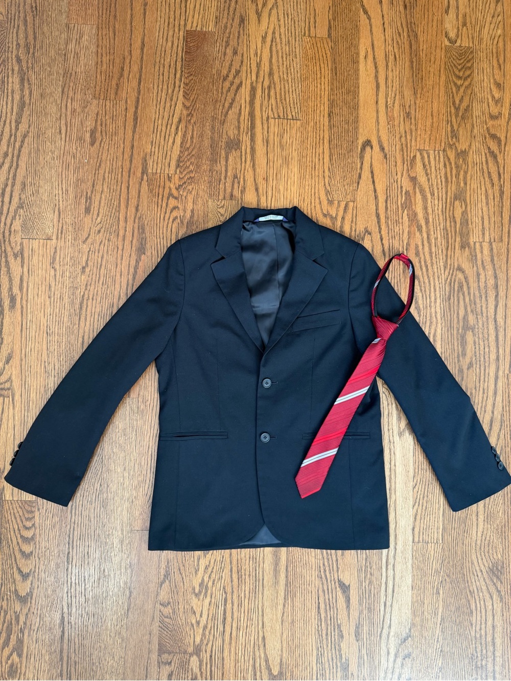 Size 10 Boys Black Blazer Suit Coat with Coordinating Red Stripe Neck Tie